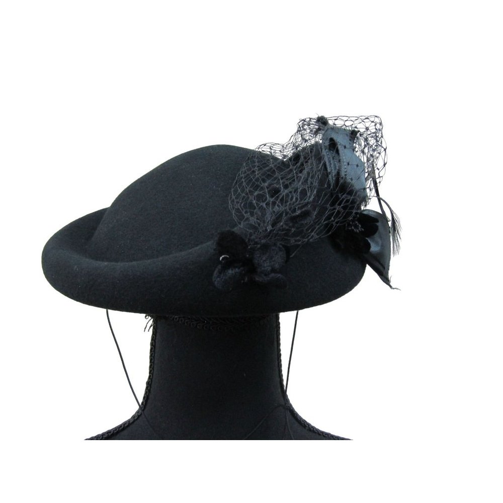 Vintage Toucan Collection New York Black Felted Wool Hat with Netting and Feathe